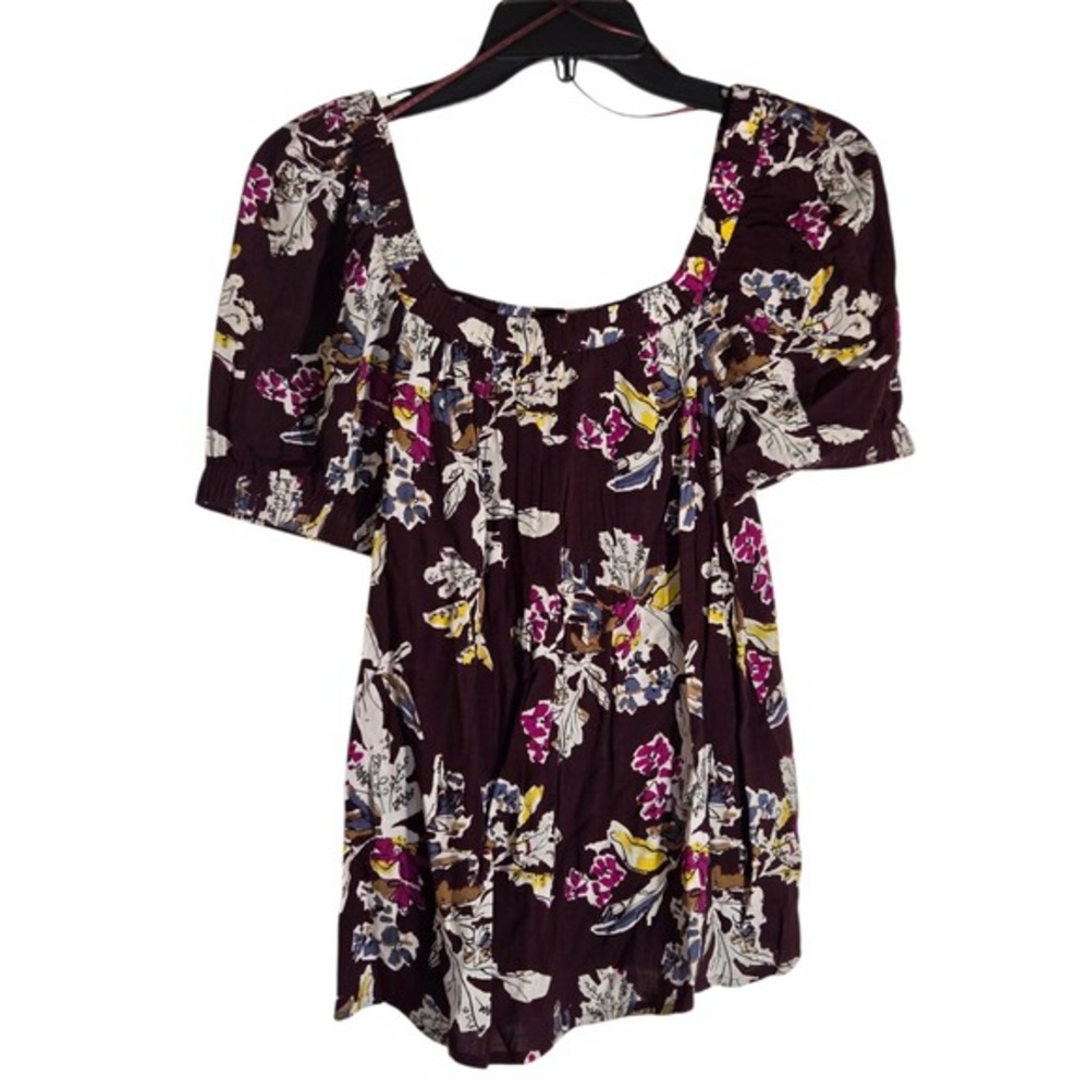 Sonoma Goods For Life Women XS Burgundy Floral‎ Square Neck Puff Sleeve Blouse